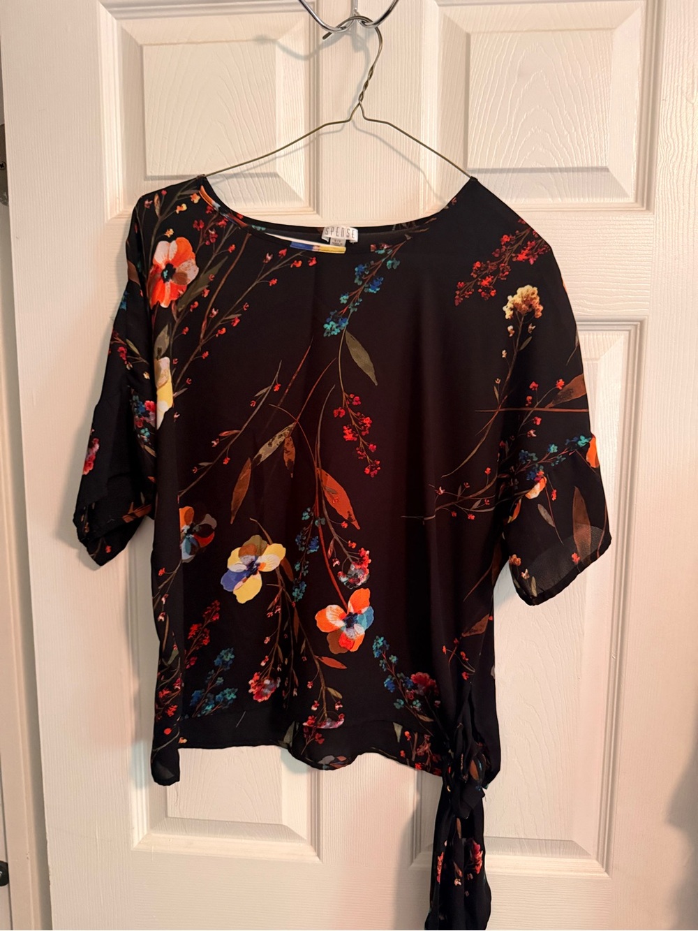 Spense Black Floral Side-Tie Blouse